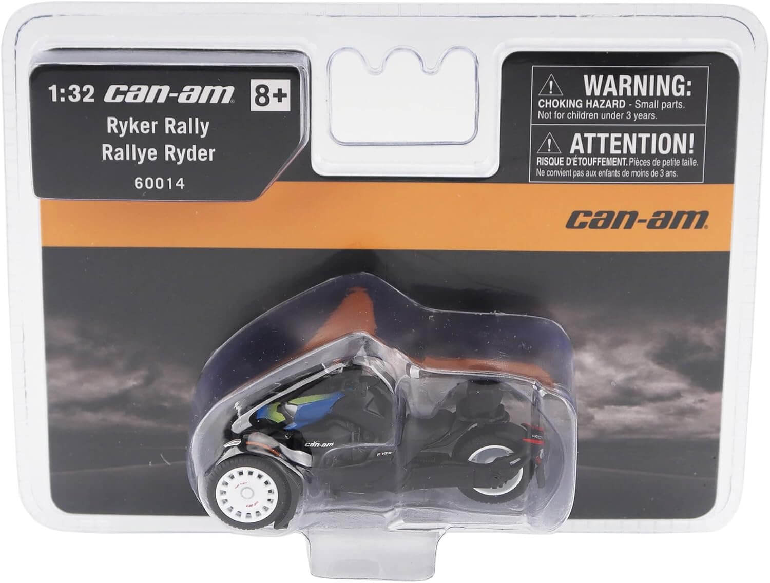 Can-Am Ryker Rally toy car in packaging with warning label
