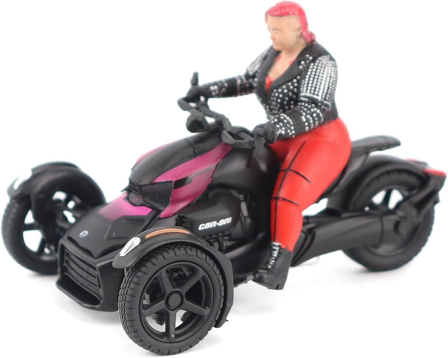 Toy figure of a person riding a black and pink toy vehicle on a white background
