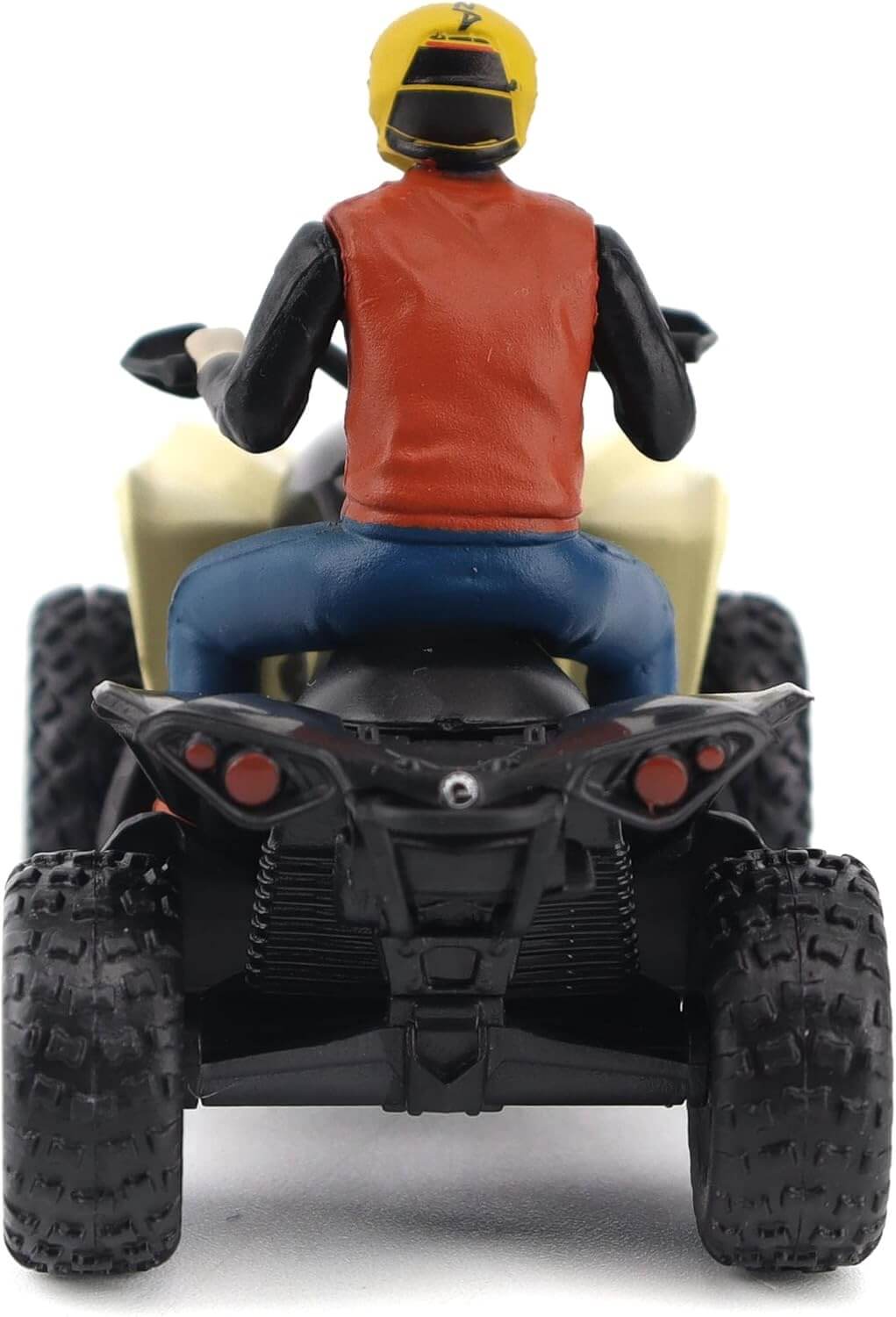 Model of a person riding an ATV with a helmet on a white background