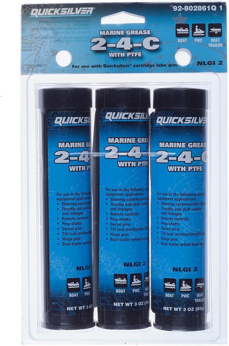 Packaging of Quicksilver marine grease with three tubes inside.