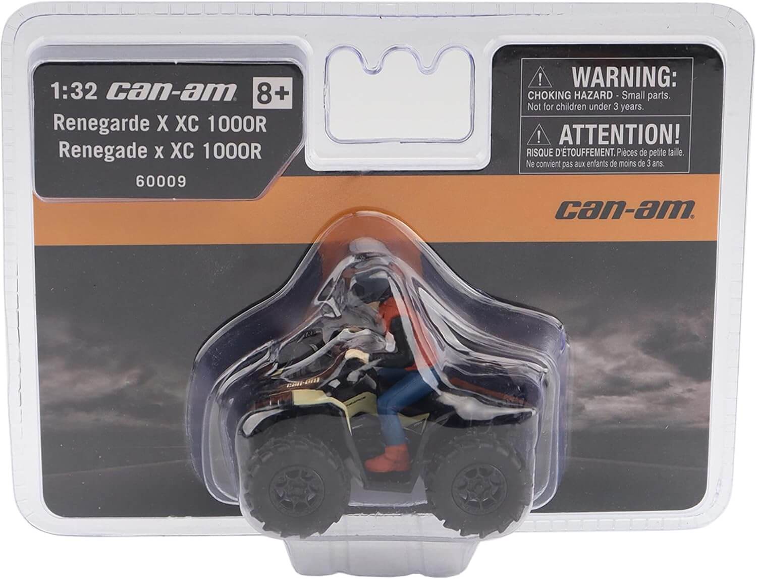 Model ATV in packaging with Can-Am branding and warning label.