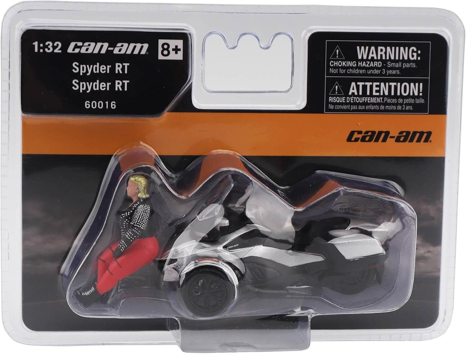 Can-Am Spyder RT model toy in packaging with warning label