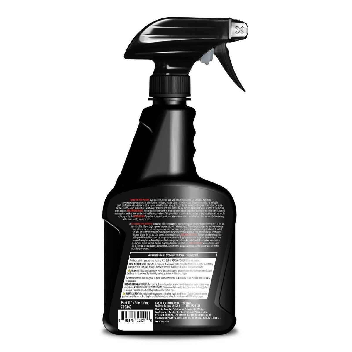 BRP XPS Spray Wax with Polymer 16 fl oz quick detailer bottle, back label view