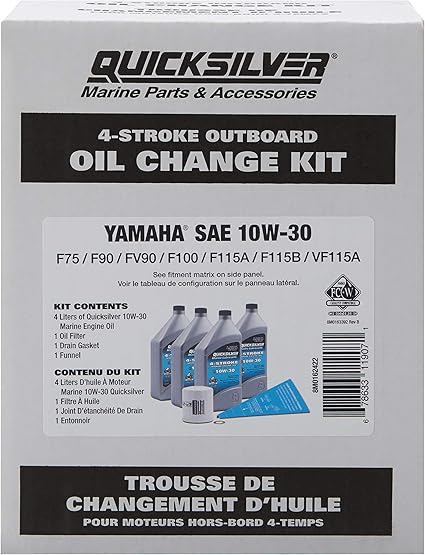 Quicksilver Yamaha oil change kit packaging for 4-stroke outboard motors.