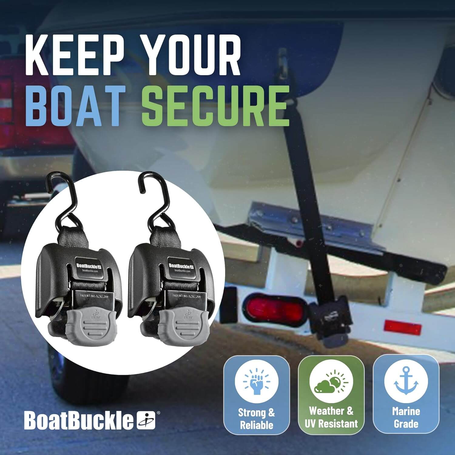 BoatBuckle product with text 'Keep Your Boat Secure' and features on a boat trailer background.