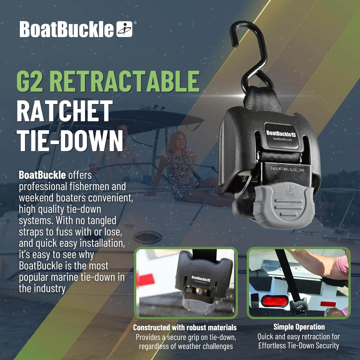 BoatBuckle G2 Retractable Ratchet Tie-Down with product details and usage scenarios.