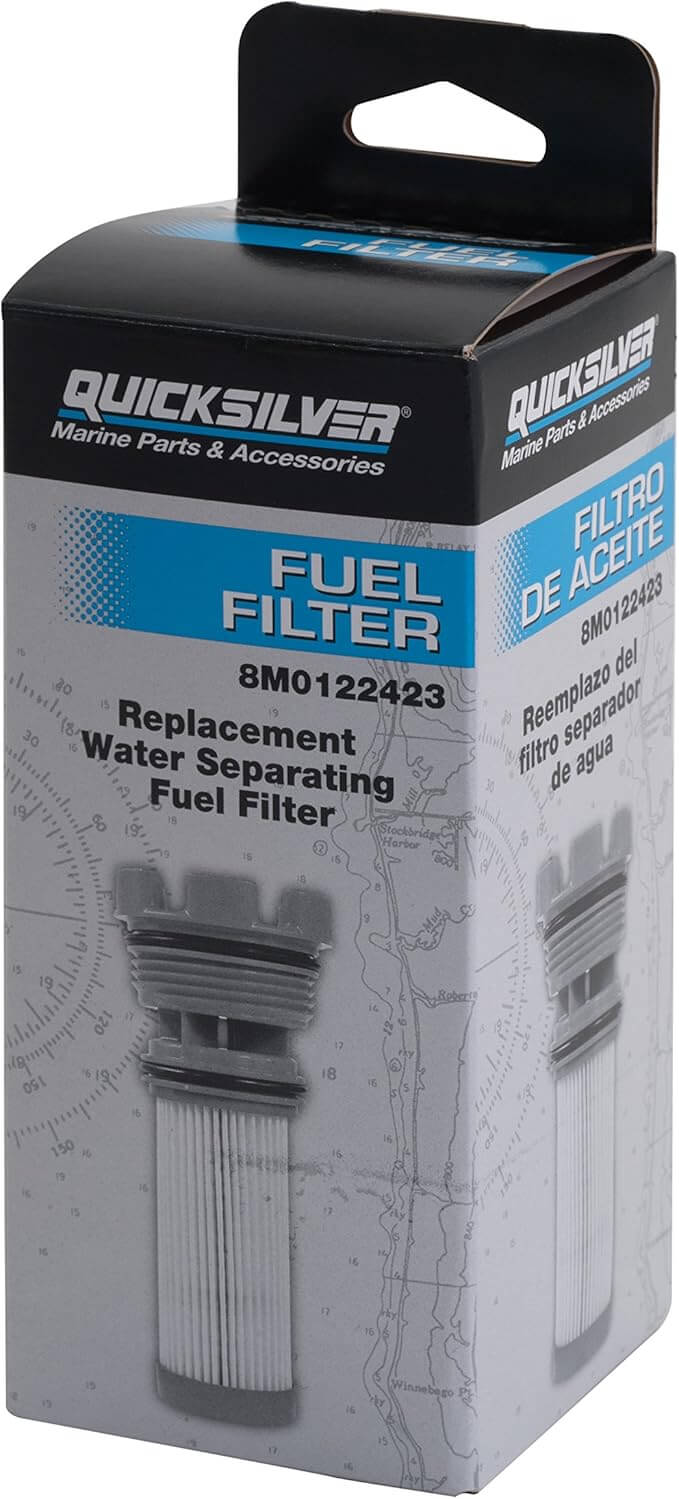 Quicksilver fuel filter packaging with filter illustration on a white background