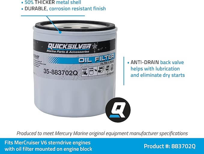 Quicksilver oil filter with features highlighted on a white background