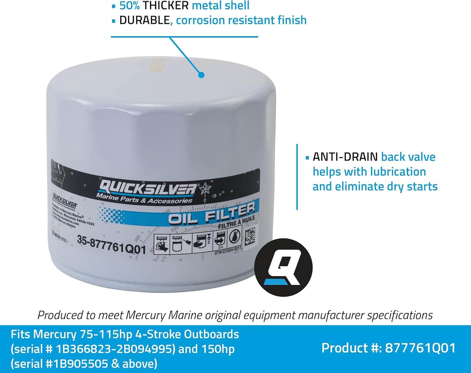 Quicksilver Oil Filter, 75-115hp FourStroke & 150hp EFI FourStroke Outboards 877761Q01