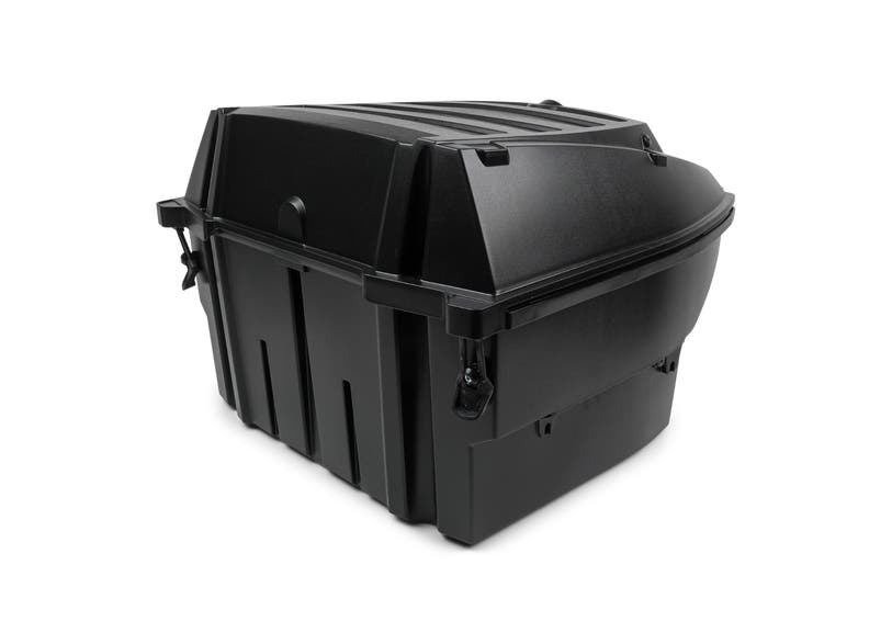 Ski-Doo 75L black cargo box rear storage trunk angled view