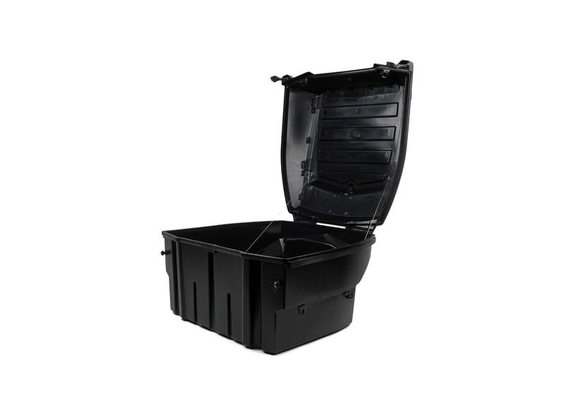 Ski-Doo 75L black cargo box open lid front angle view part 860200395