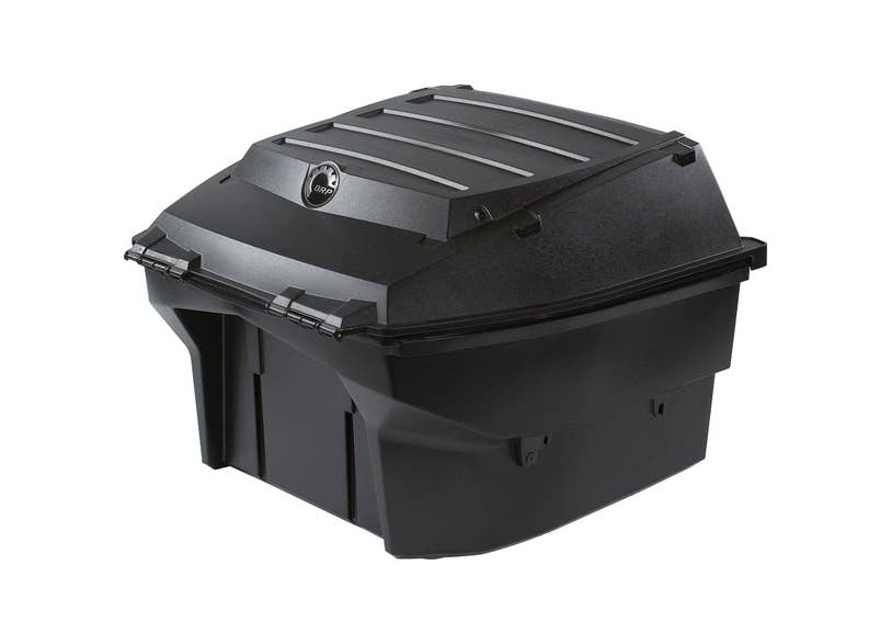 Ski-Doo 75L black cargo box rear storage trunk with ribbed lid, angled view
