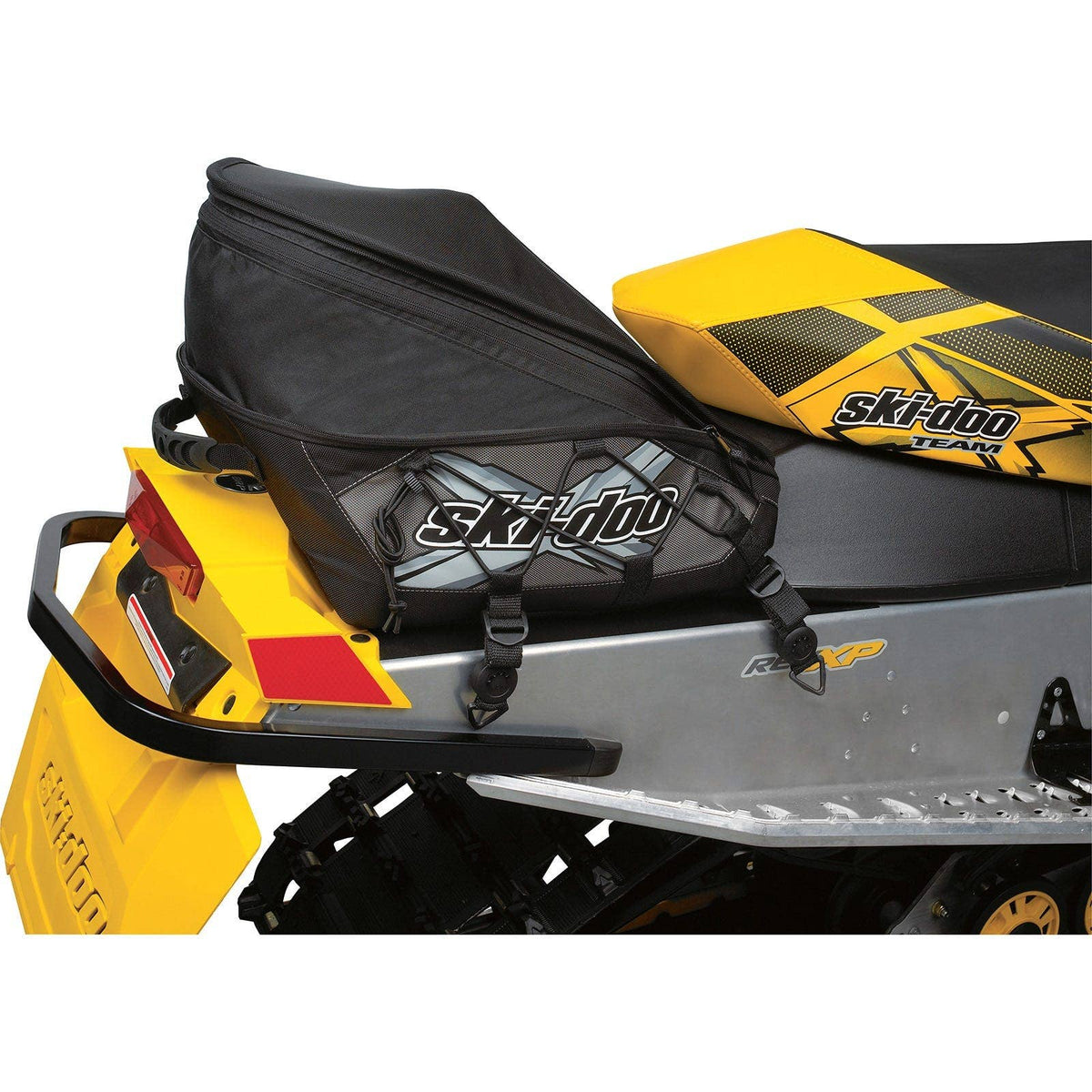 Ski-Doo 25 L Tunnel Bag in Black, 860200826, mounted on a snowmobile