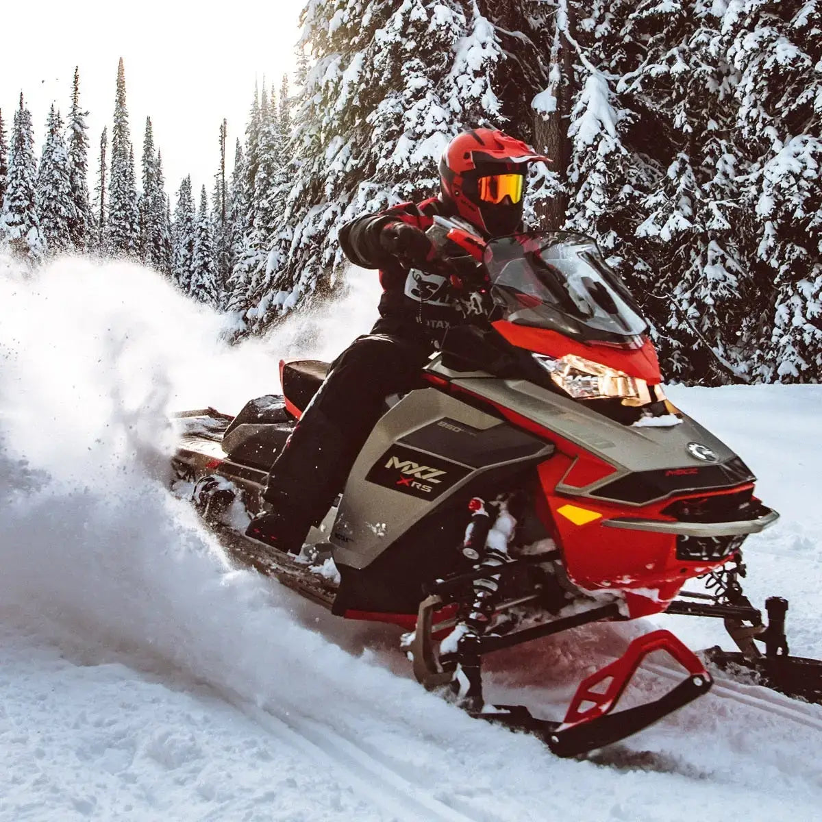 Person riding Red and Grey Ski-Doo on a snowy trail with trees in the background