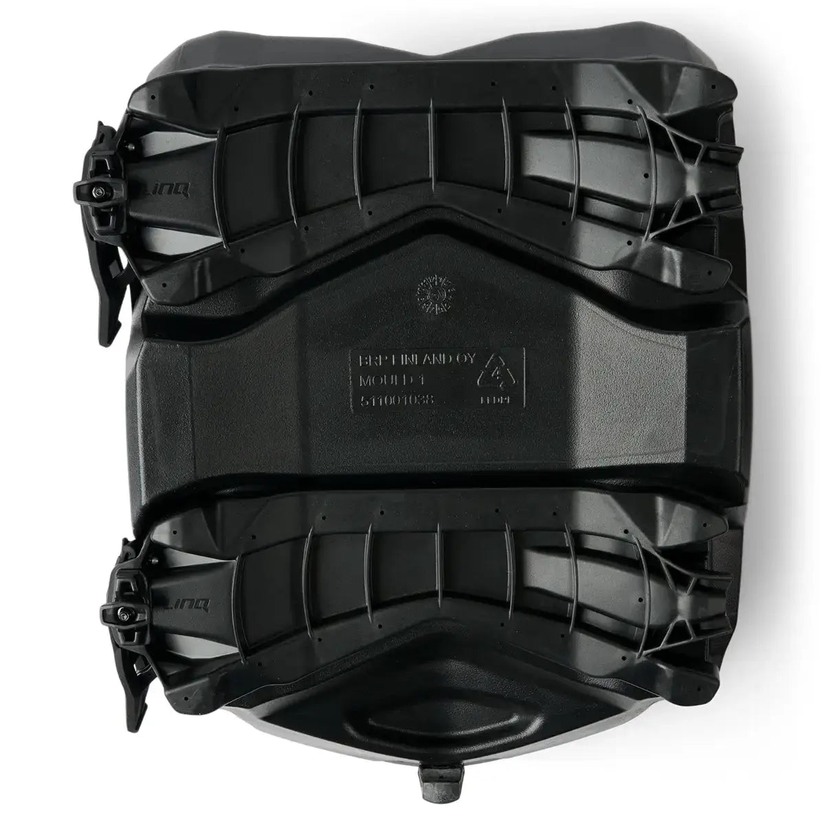 Black snowmobile boot tray with brand logo on a white background