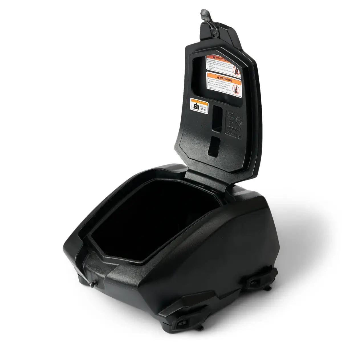 Black plastic container with open lid on a white background