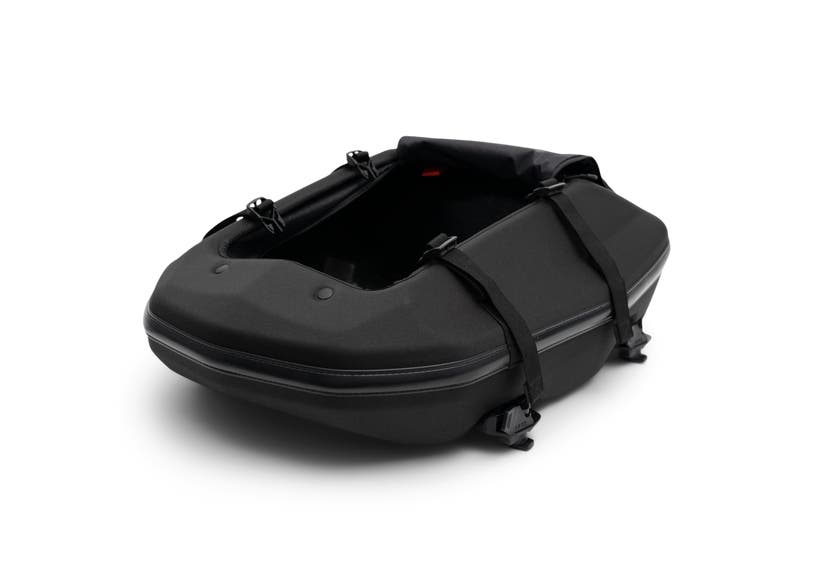 Ski-Doo LinQ 40L Adventure Tunnel Bag black open top view snowmobile cargo storage