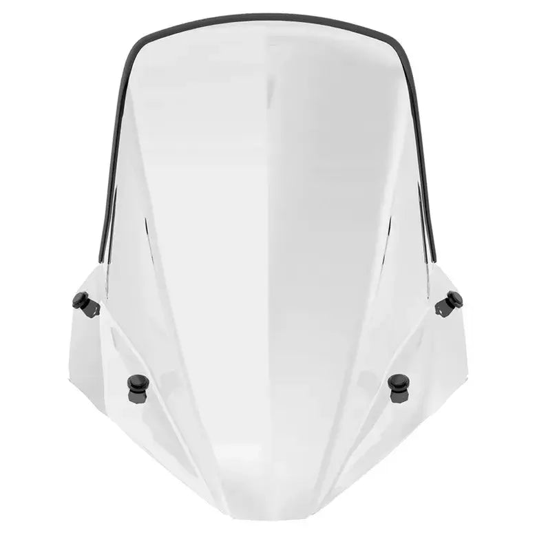 Clear windshield with black mounting brackets on a white background