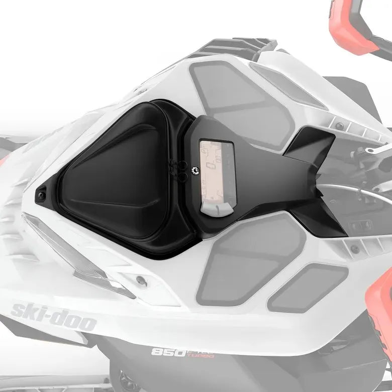 Ski-Doo glovebox for one-piece lightweight hood 860202572 installed on a REV Gen4 hood beside the gauge