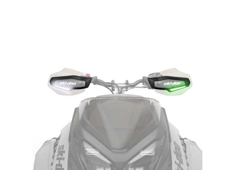 Ski-Doo LED signal lights mounted on handguards for REV Gen4 Gen5 snowmobile, green light on, 860202619