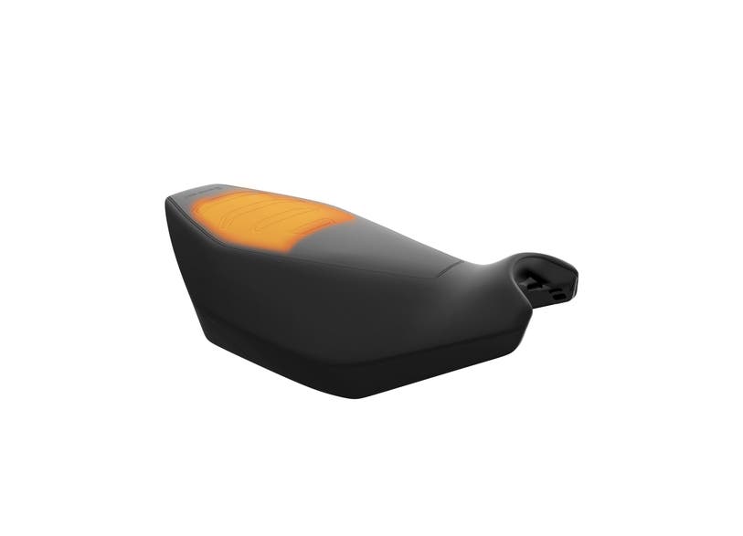 Ski-Doo Trail Wide Heated Seat in black with orange center panel, angled view, 860202645