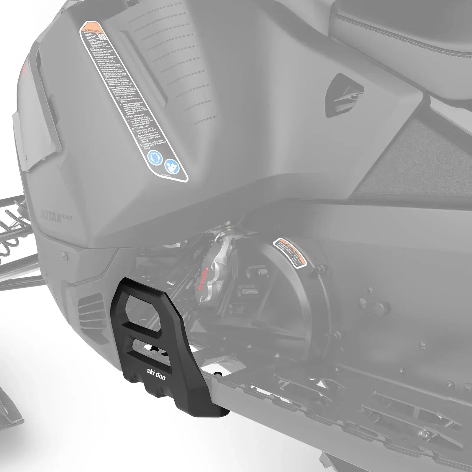 Close-up of a black protective guard on a Snow Mobile