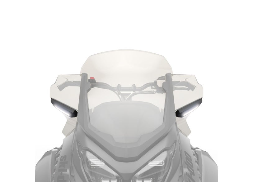 Ski-Doo LED signal lights mounted on windshield of REV Gen5 snowmobile front view