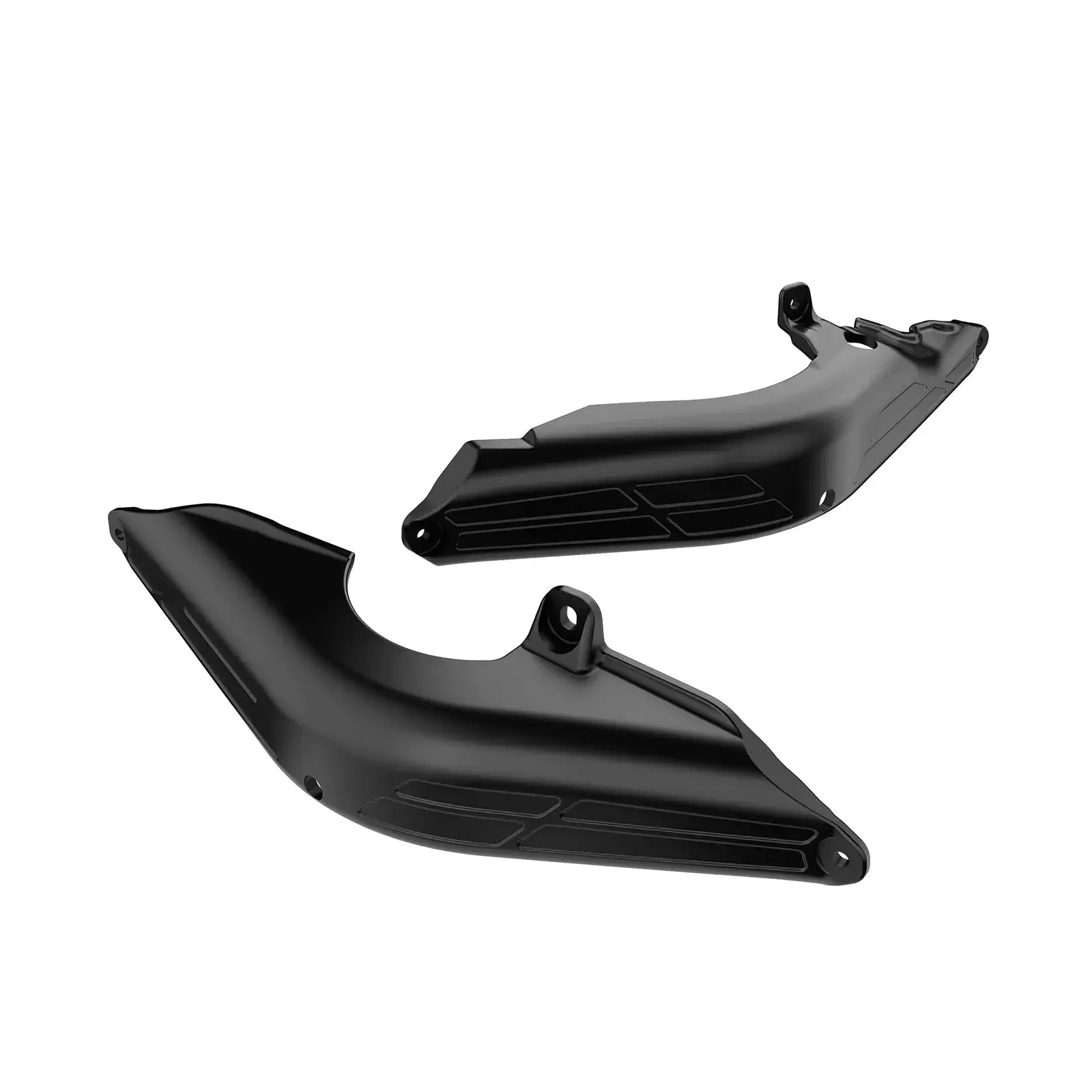 Two black plastic snow mobile parts on a white background
