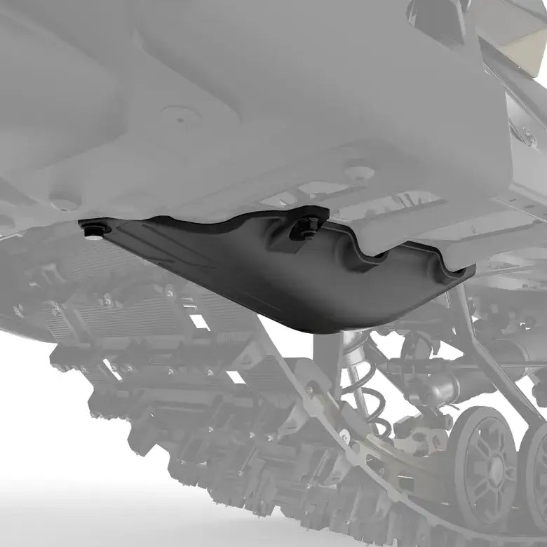 Close-up of a vehicle's undercarriage with a protective fender guard on a white background