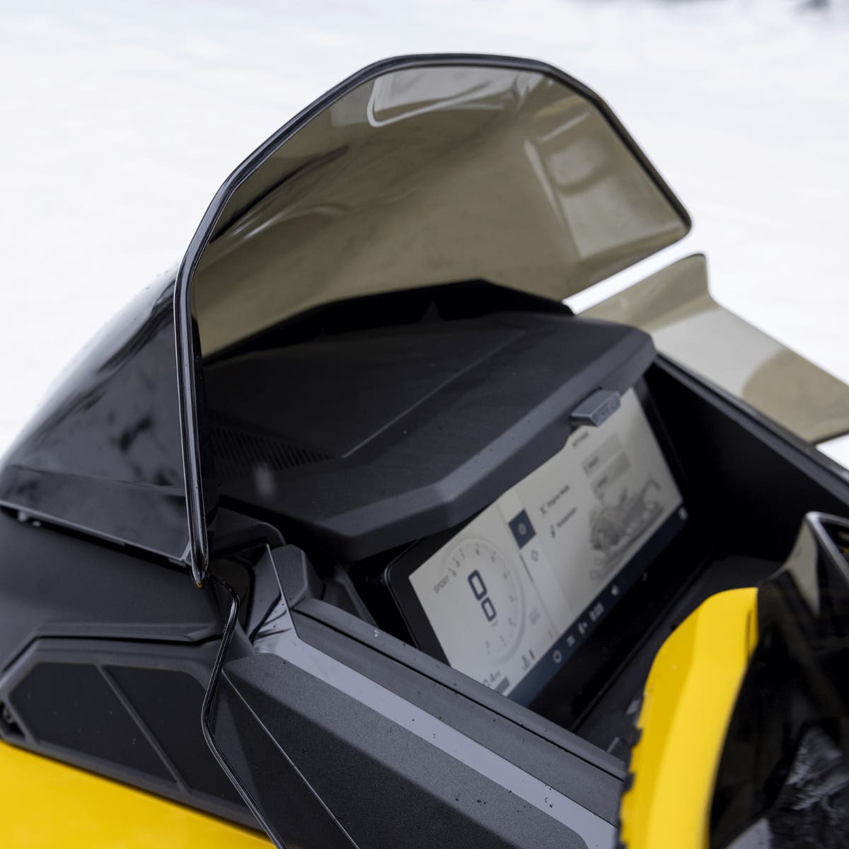 Ski-Doo REV Gen5 Low Windshield with support on a yellow snowmobile