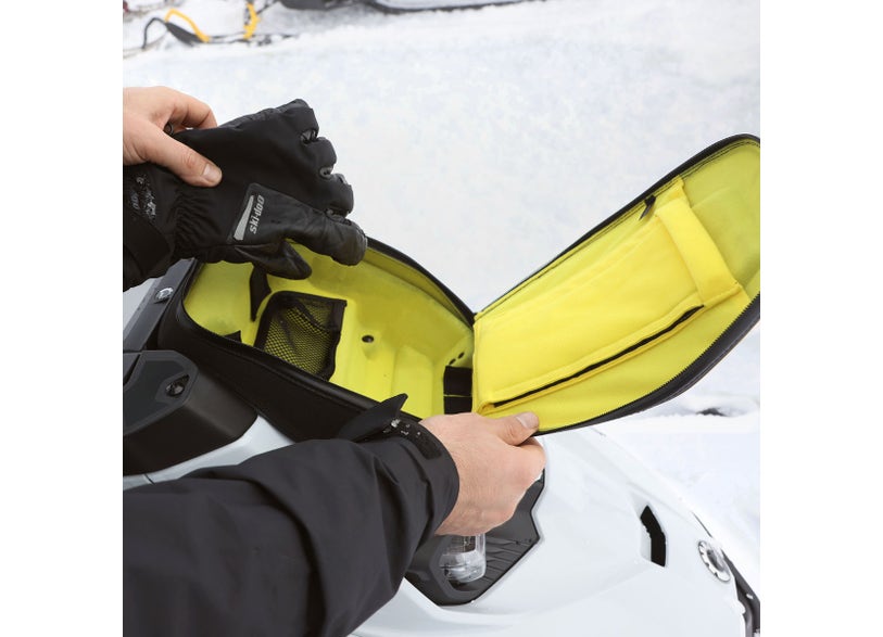 Ski-Doo 4.8L Soft Glove Box Extension in black mounted on snowmobile, yellow interior storage open