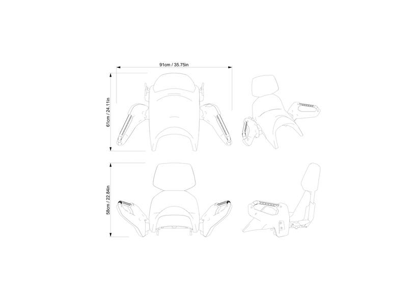 Ski-Doo Trail LinQ Passenger Premium Seat dimension diagram with front side and top views