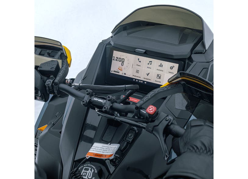 Ski-Doo digital display with GPS Group Ride module on snowmobile handlebar dashboard, 860202990