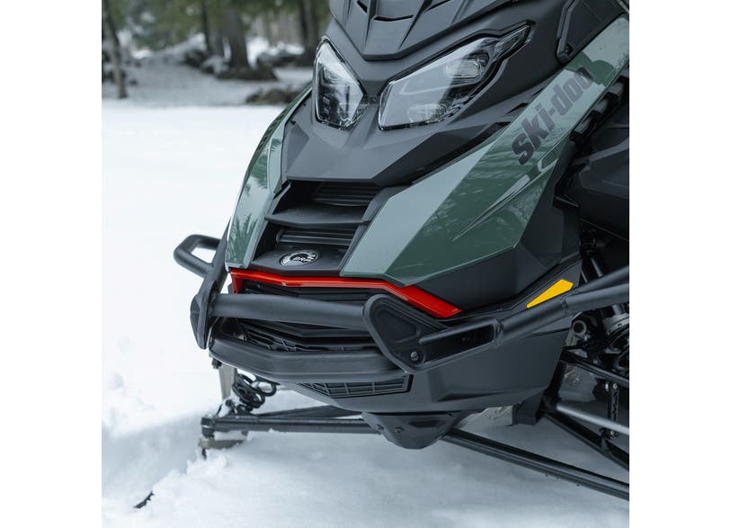 Ski-Doo Center HD Front Bumper 860203012 installed on green snowmobile front end