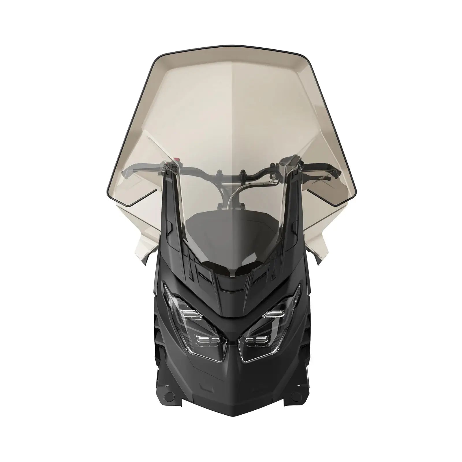 Motorcycle windshield with black frame and clear glass on a white background