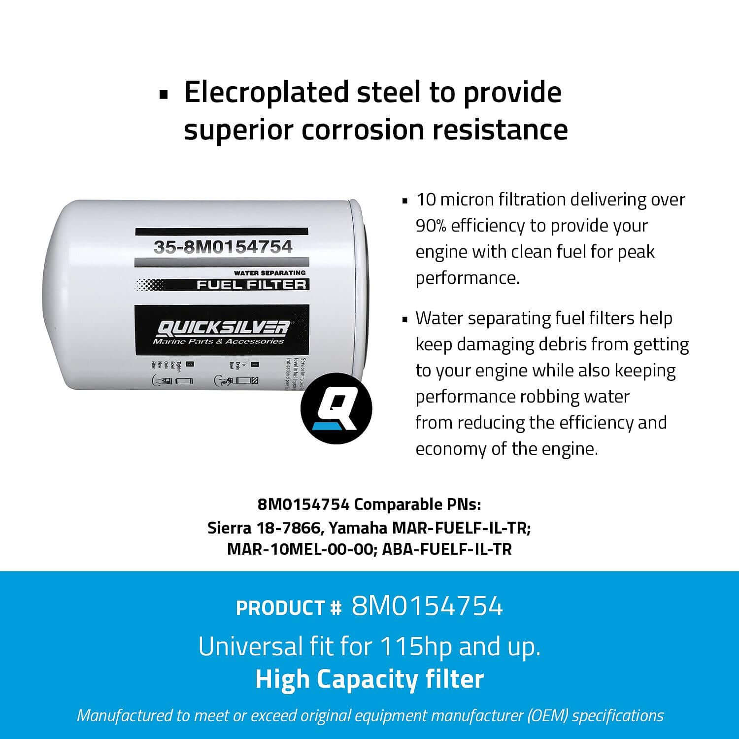 Quicksilver 8M0154754 Water Separating Fuel Filter for Select Yamaha 2-Stroke and 4-Stroke Outboards