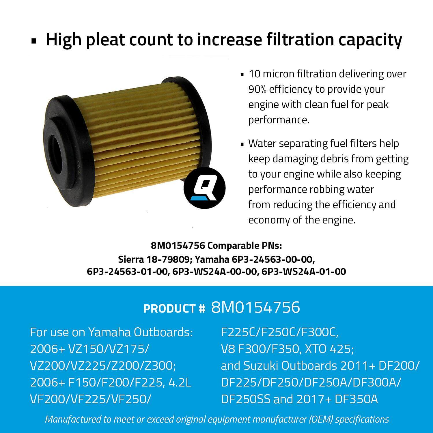 Quicksilver 8M0154756 Inline Water Separating Fuel Filter for Yamaha 125-425hp Outboards and Suzuki 200-350hp Outboards