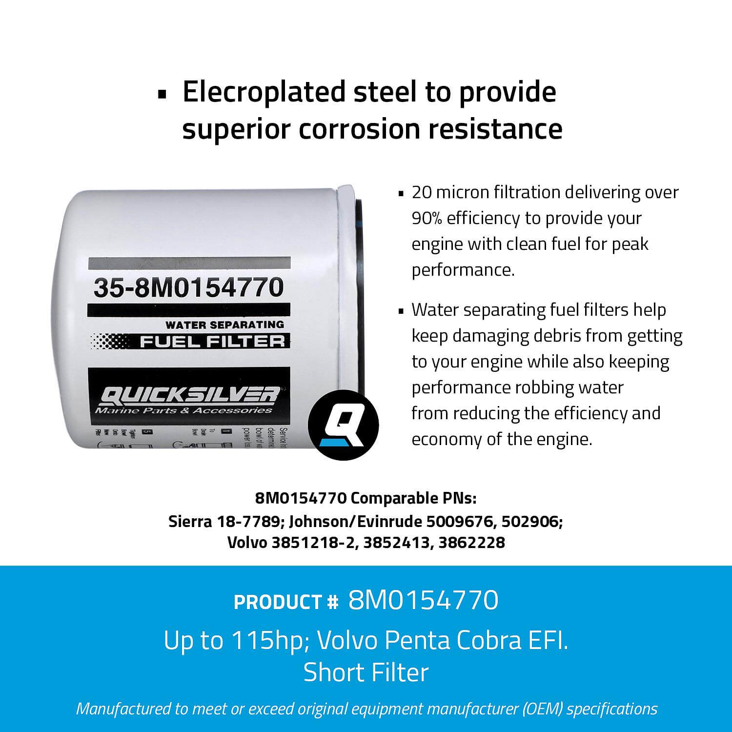Quicksilver 8M0154770 Water Separating Fuel Filter for Select Volvo Penta, Cobra EFI, Johnson and Evinrude 100-300hp Outboards