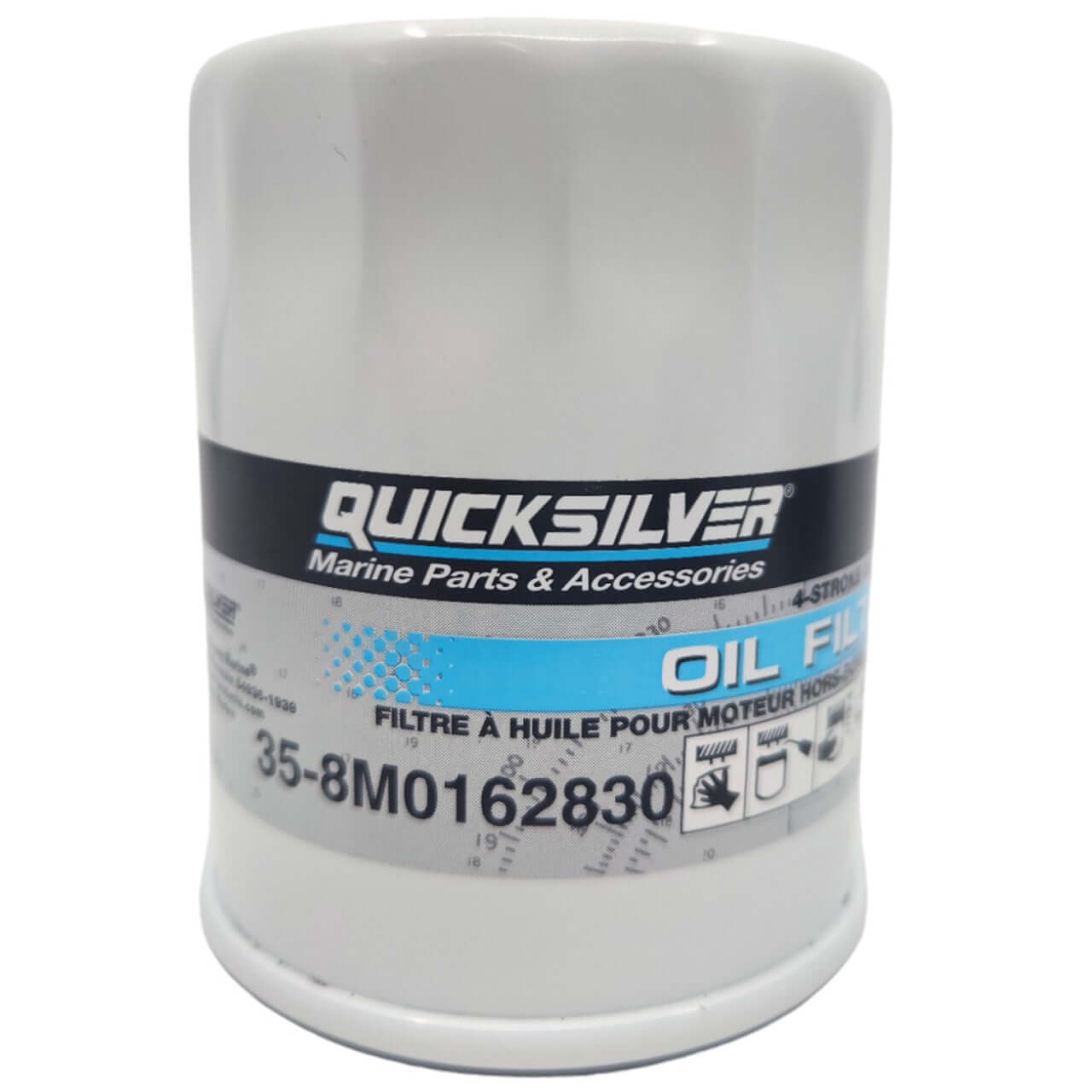 Quicksilver oil filter with label on a white background