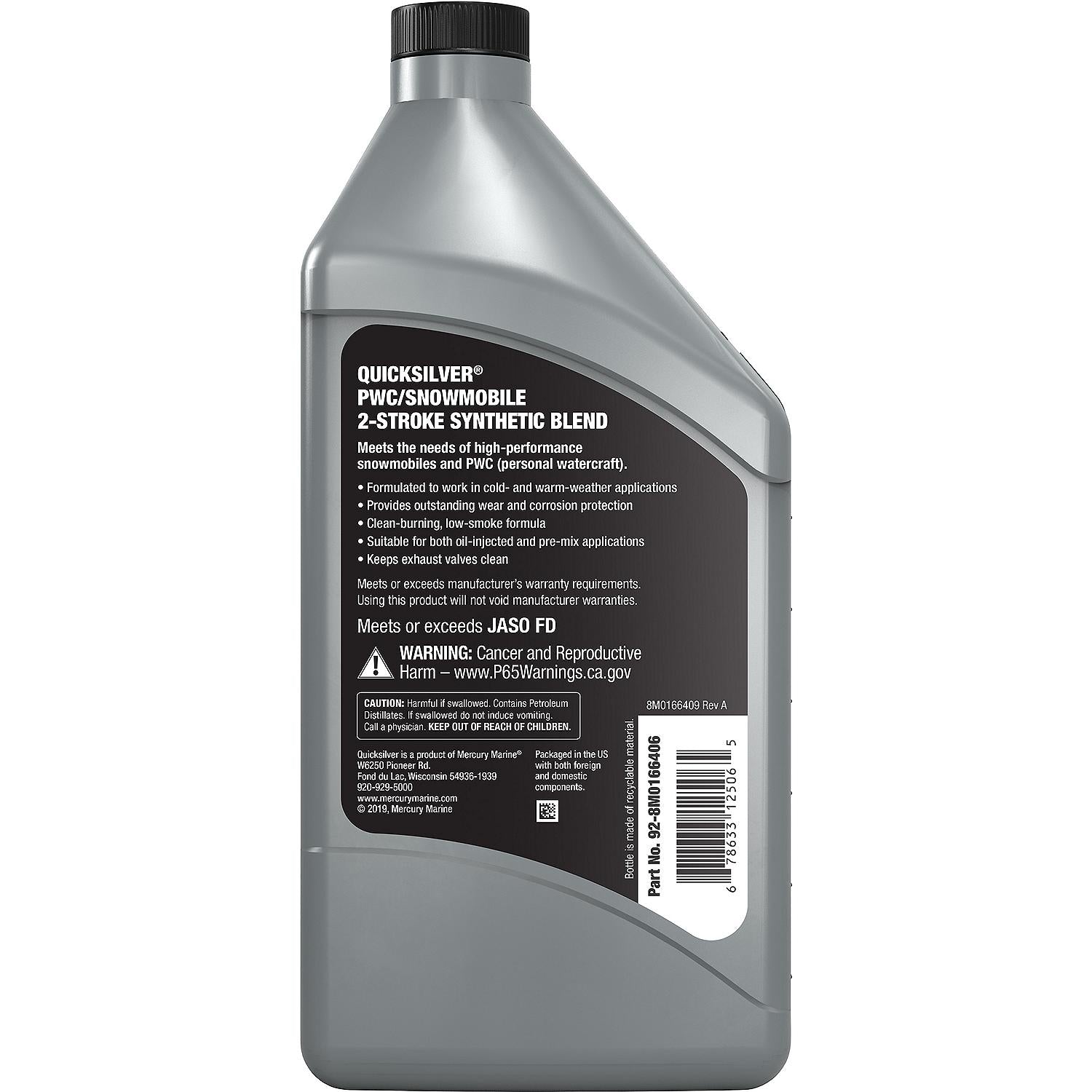 Quicksilver 2-Stroke PWC/Snowmobile Engine Oil, Premium Synthetic Blend, 1 Quart - 8M0166406