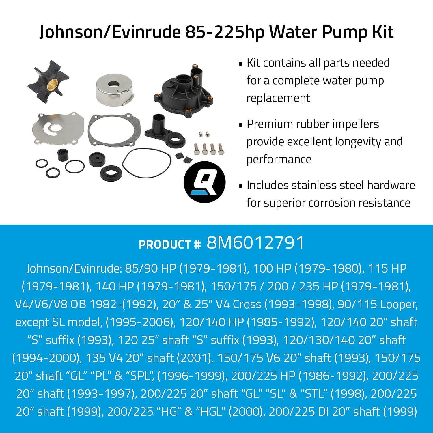 Quicksilver 8M6012791 Water Pump Kit - Johnson/Evinrude 85-225hp