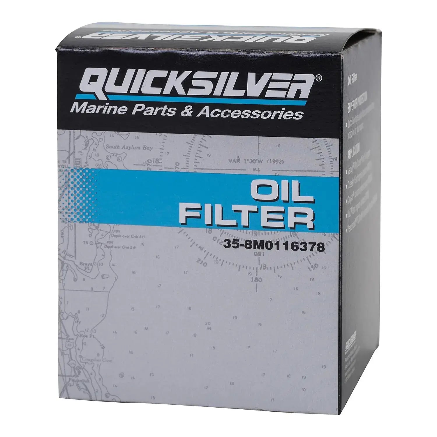 Quicksilver oil filter packaging on a white background