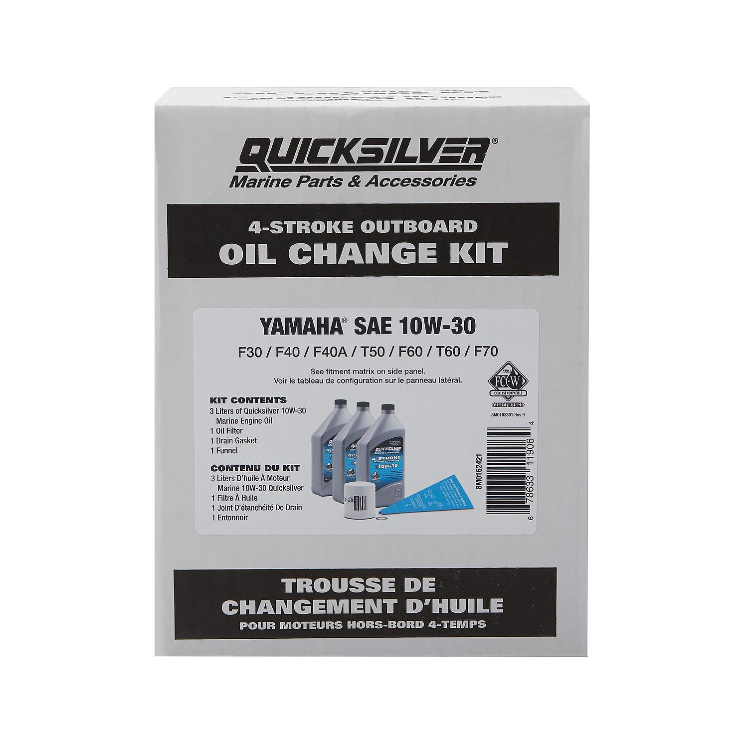 Quicksilver 10W-30 Oil Change Kit for Yamaha Outboard F30-F70, 3 Liters - 8M0162421