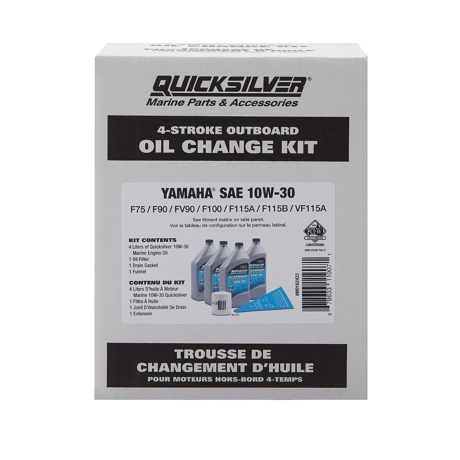 Quicksilver 10W-30 4-Stroke Oil Change Kit for Yamaha Outboard Engines F75-F115 - 8M0162422