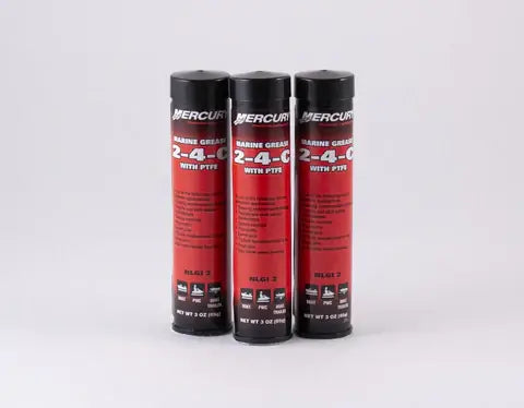Three red and black Mercury marine grease containers on a white background