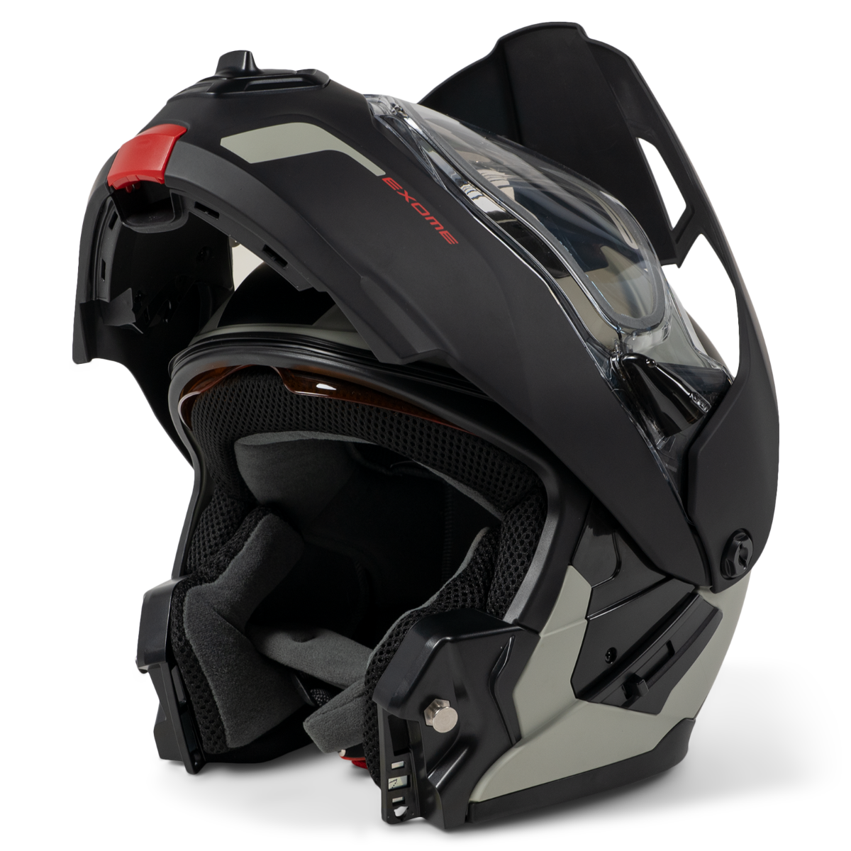 Ski-Doo Exome Sport Heated Helmet 929037 in Charcoal Grey, modular chin bar open