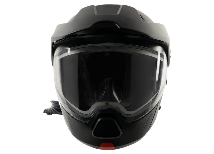 Ski-Doo Advex full-face helmet front view with dark tinted visor and integrated LED utility light