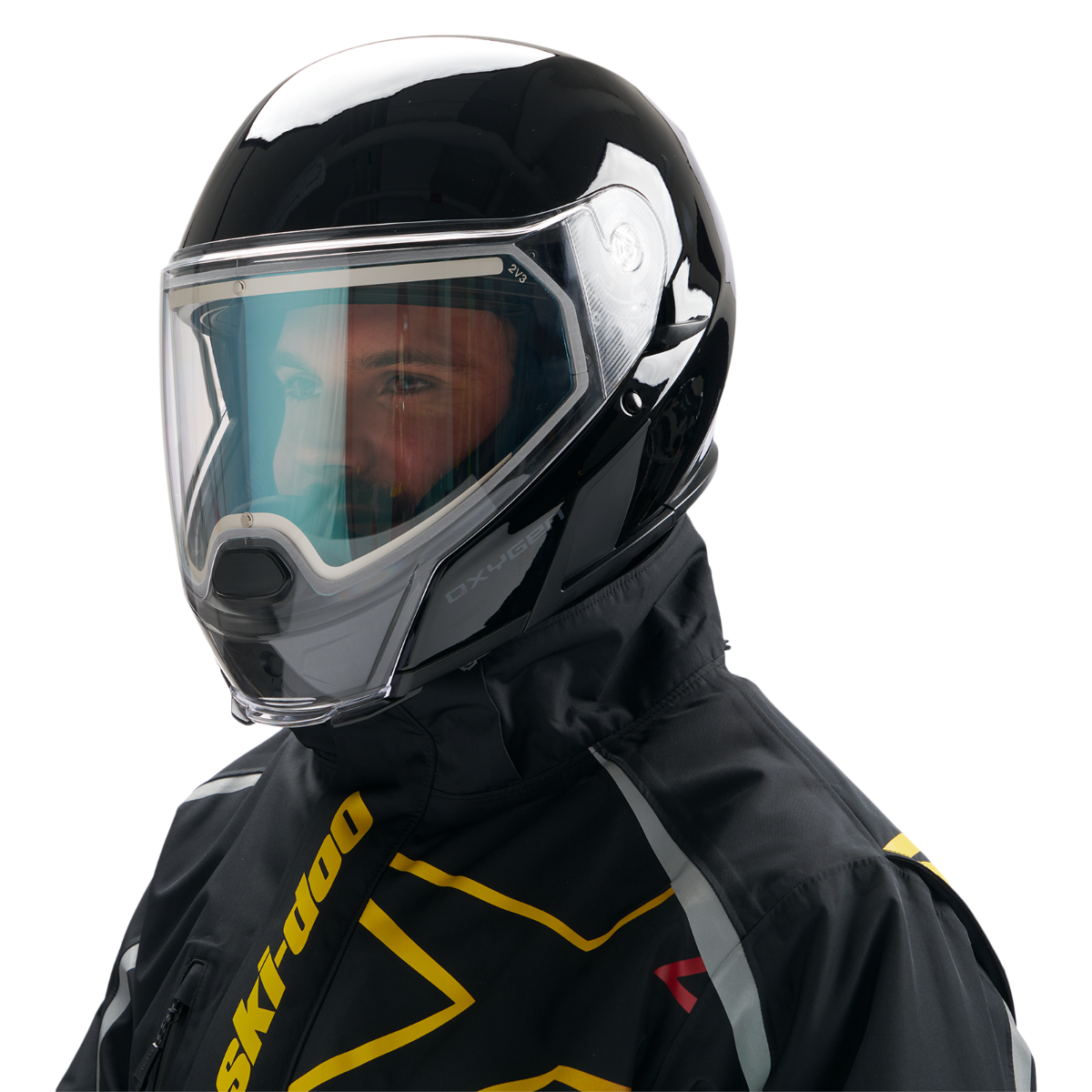 Rider wearing the Ski-Doo Oxygen Flow Heated Helmet in Black