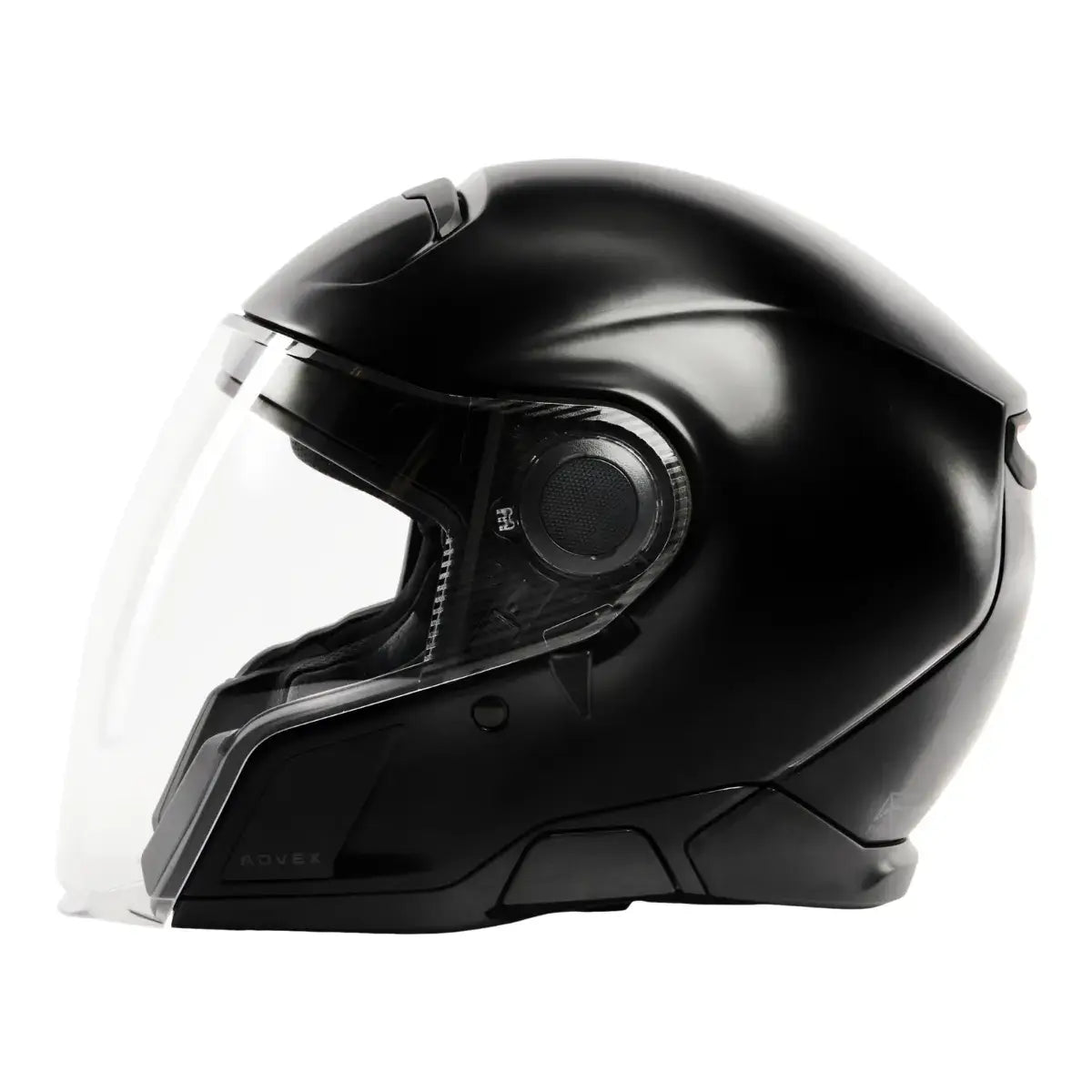 Black motorcycle helmet with clear visor on a white background