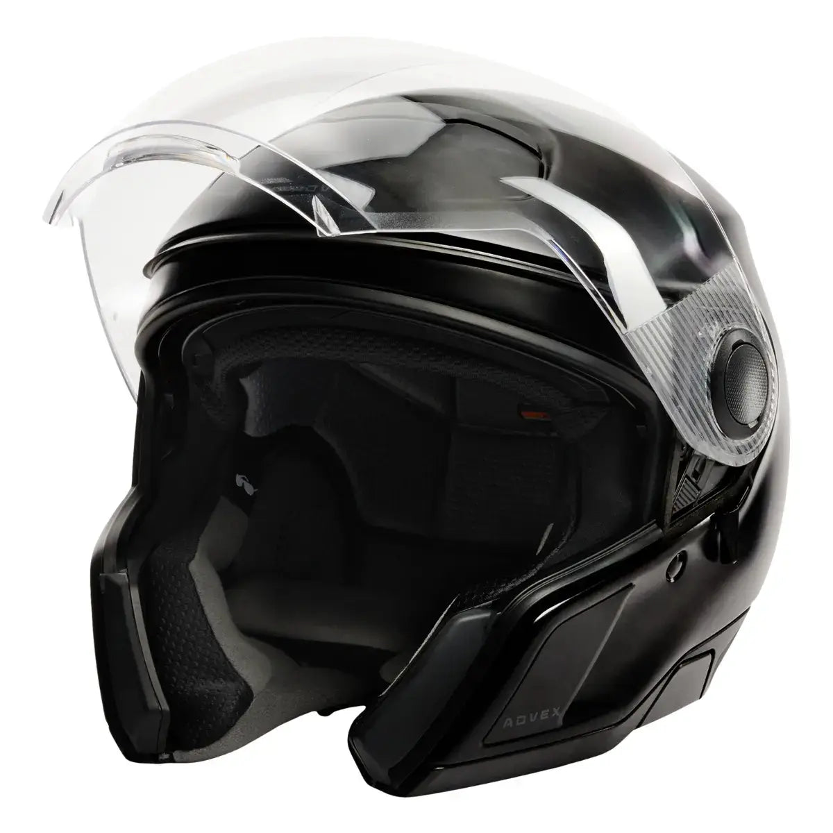 Black motorcycle helmet with clear visor on a white background